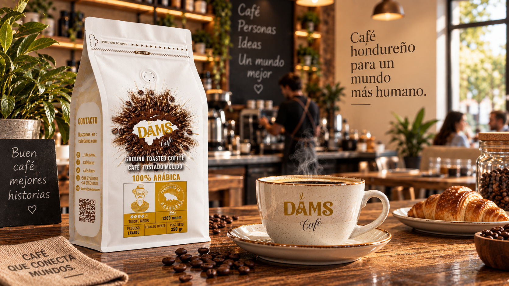 Bolsa de Café Dams sobre la barra de una cafetería junto a una taza de café