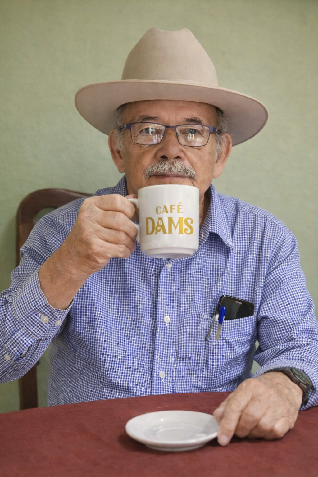 Fotografía real del abuelo tomando café en una taza de Café Dams