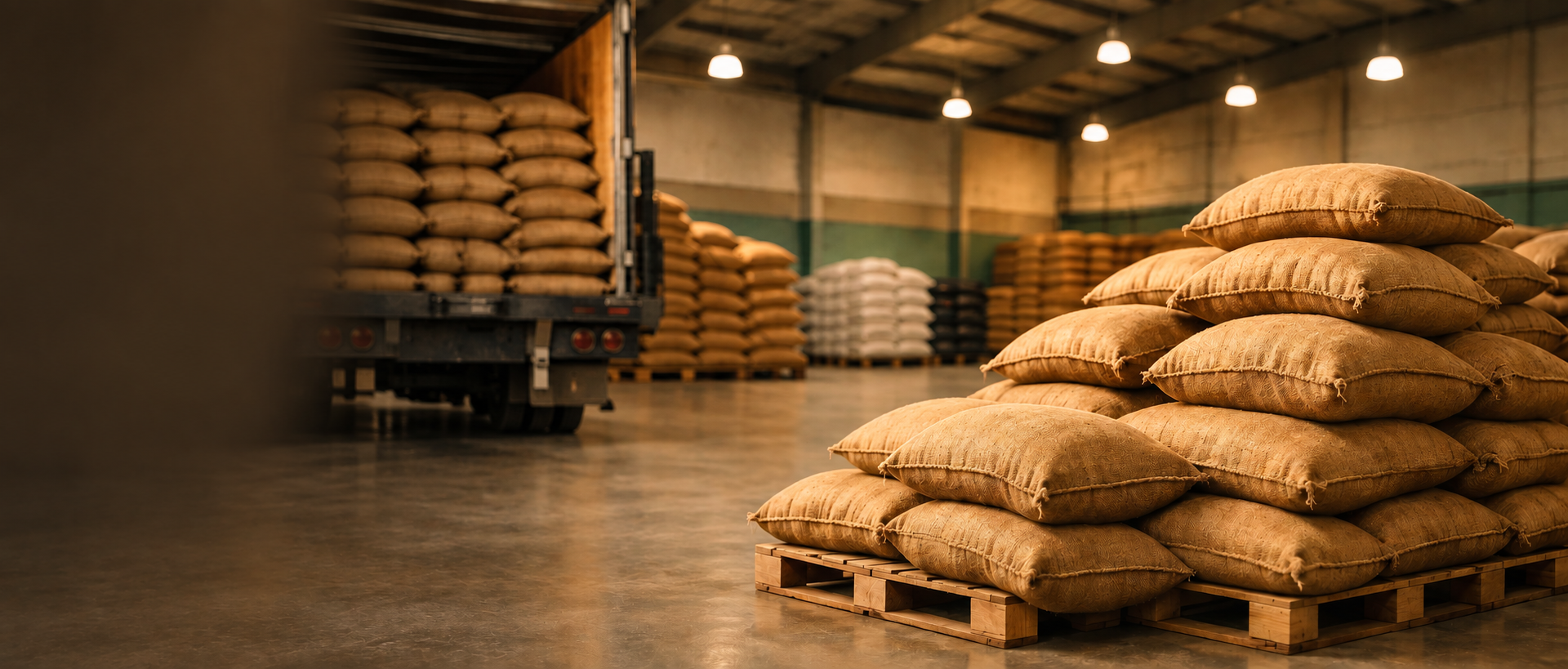 Warehouse with truck and bags of green coffee