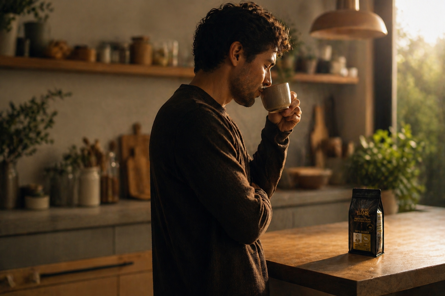 Hombre disfrutando una taza de Café Dams en una cocina cálida