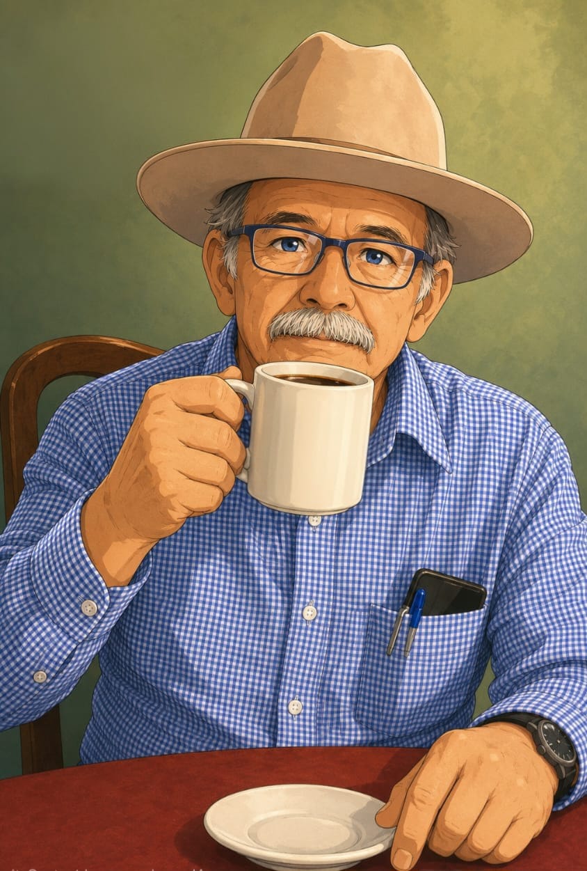 Cartoon style illustration of the grandfather enjoying a cup of Café Dams