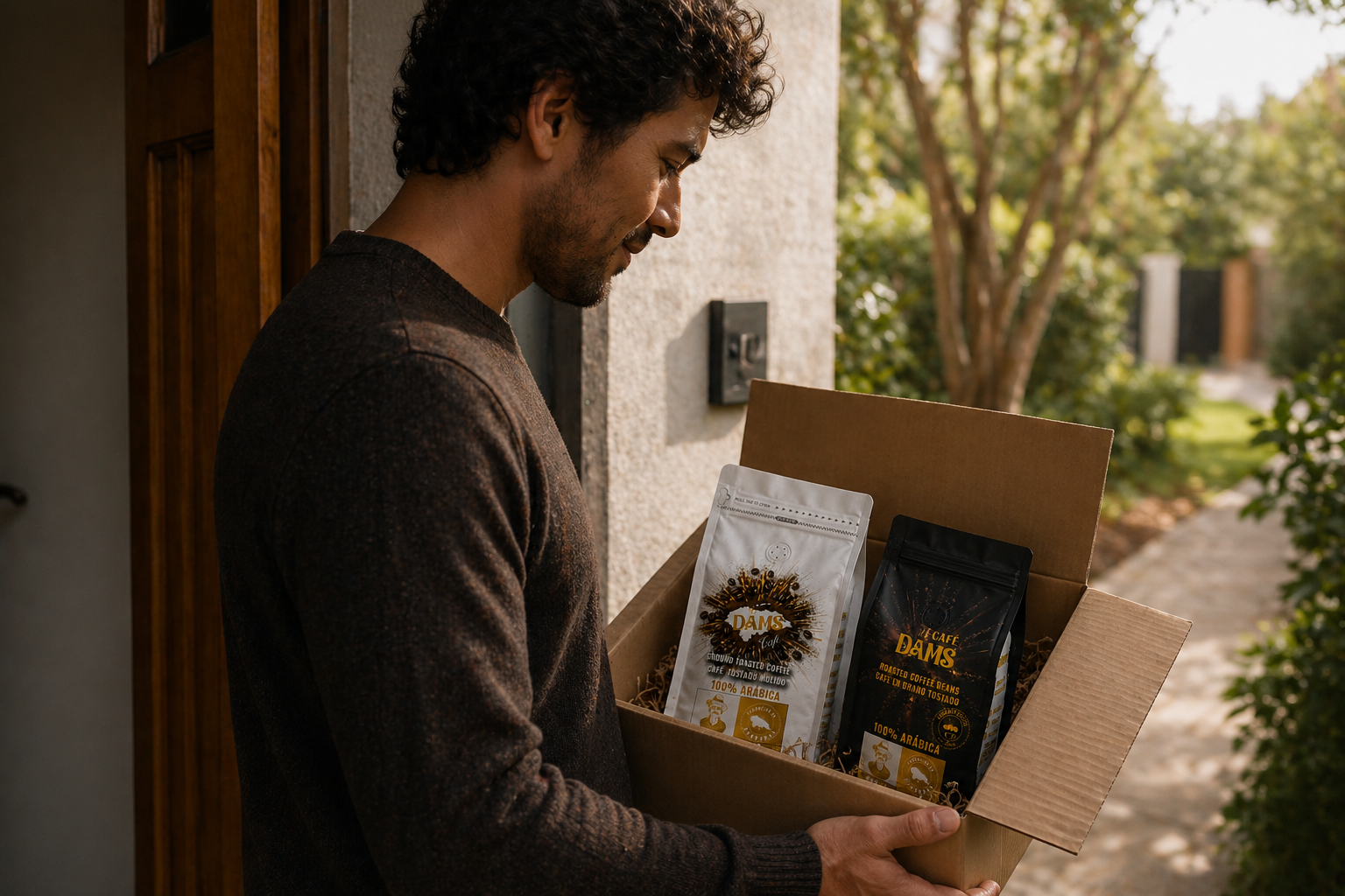 Hombre recibiendo una caja con bolsas de Café Dams